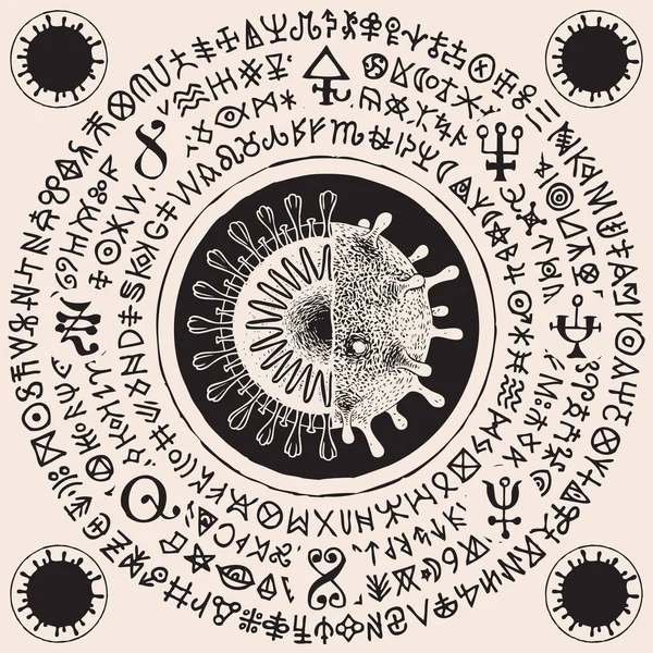 Векторное Знамя Клеткой Коронавируса Поперечном Сечении Магических Рунах Ручная Иллюстрация — стоковый вектор