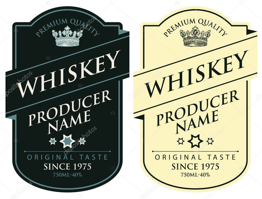 Set of two vector labels for whiskey in the figured frame with crowns and inscriptions in retro style. Premium quality, strong alcoholic beverage collection