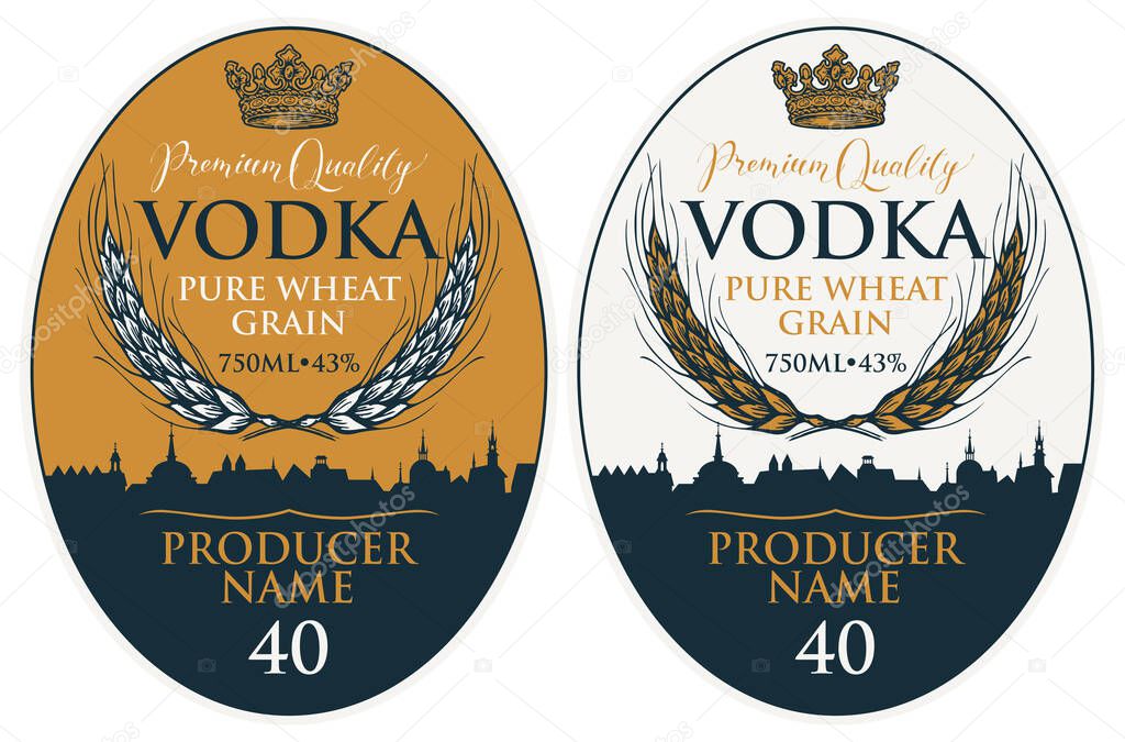 Set of vector labels for vodka in retro style with wheat ears, a crown and silhouette of the old city in an oval frame. Premium quality, pure wheat grain, collection of strong alcoholic beverages