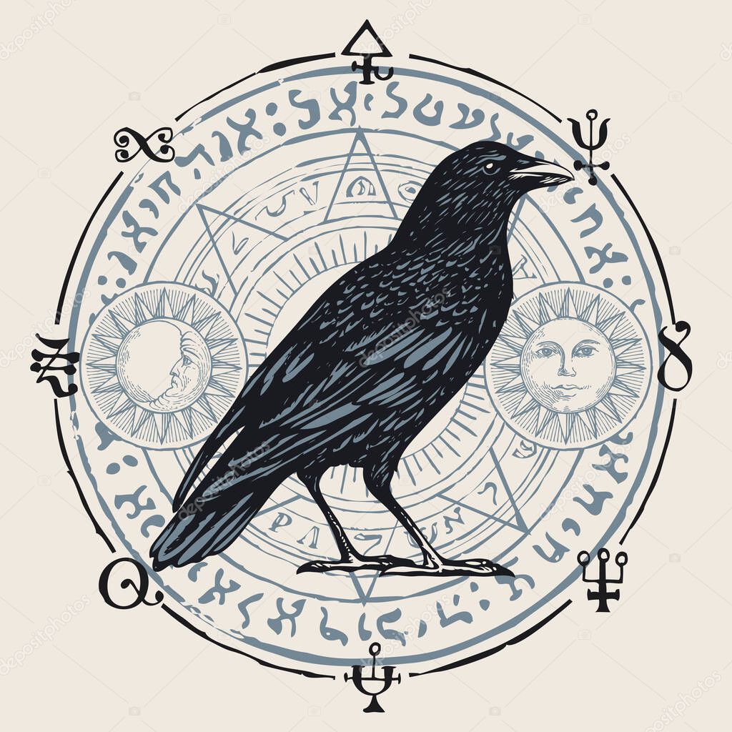 Vector illustration with a sorcery Raven on the background of an octagonal star with magic runes, occult symbols, sun, moon. Banner on the witchcraft theme with a wise black Crow in vintage style