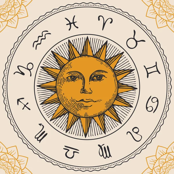 Cerchio Vettoriale Dei Segni Zodiacali Stile Retrò Con Sole Disegnato — Vettoriale Stock