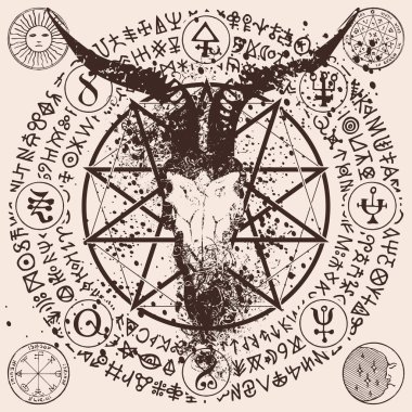 Boynuzlu keçi kafası, pentagram, okült ve cadılık işaretleriyle soyut bir illüstrasyon. Satanist sembollü pankart ve sihirli rünler eski tarz bir daire şeklinde yazılmış.