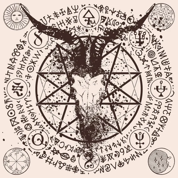 Boynuzlu Keçi Kafası Pentagram Okült Cadılık Işaretleriyle Soyut Bir Illüstrasyon — Stok Vektör