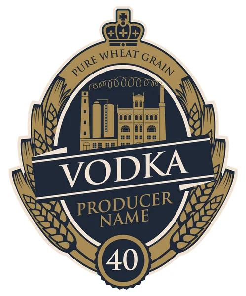 Modelo Etiqueta Vodka Com Orelhas Trigo Coroa Construção Destilaria Moldura —  Vetores de Stock