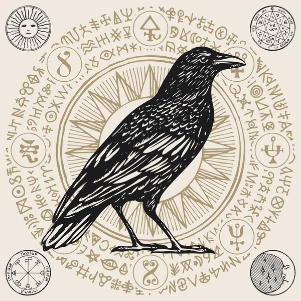 Vector Illustration Wise Black Raven Sorcery Crow Retro Style Hand — Stock Vector