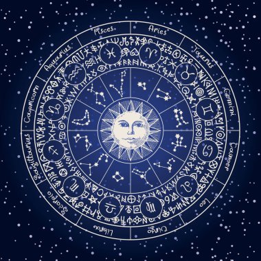 Zodiac işaretlerinden oluşan vektör çemberi simgeler, isimler, takımyıldızları, Güneş ve sihirli rünler yıldızlı gökyüzünün arka planında bir çemberde yazılı. Astrolojik kehanetler için burç sembolleri