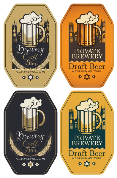 Set Vector Labels Craft Draft Beer Brewery Figured Frames Retro — Stock Vector