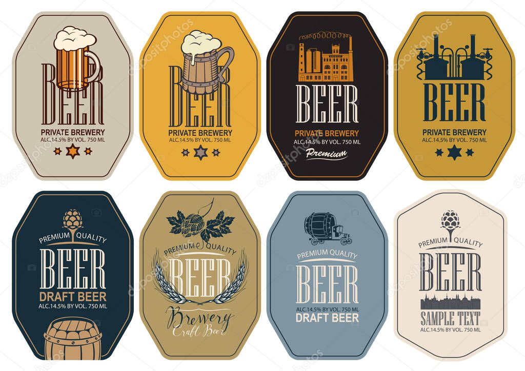 Set of vector labels for beer and brewery in figured frames in retro style. Labels with overflowing glasses of frothy beer, hop cones, ears wheat, image of brewery production and brewing equipment