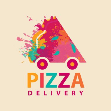 Pizza teslimatı temalı bir pizzacı için vektör pankartı. Üzerinde yazı olan yaratıcı bir illüstrasyon ve araba şeklindeki bir pizza diliminin soyut bir görüntüsü.