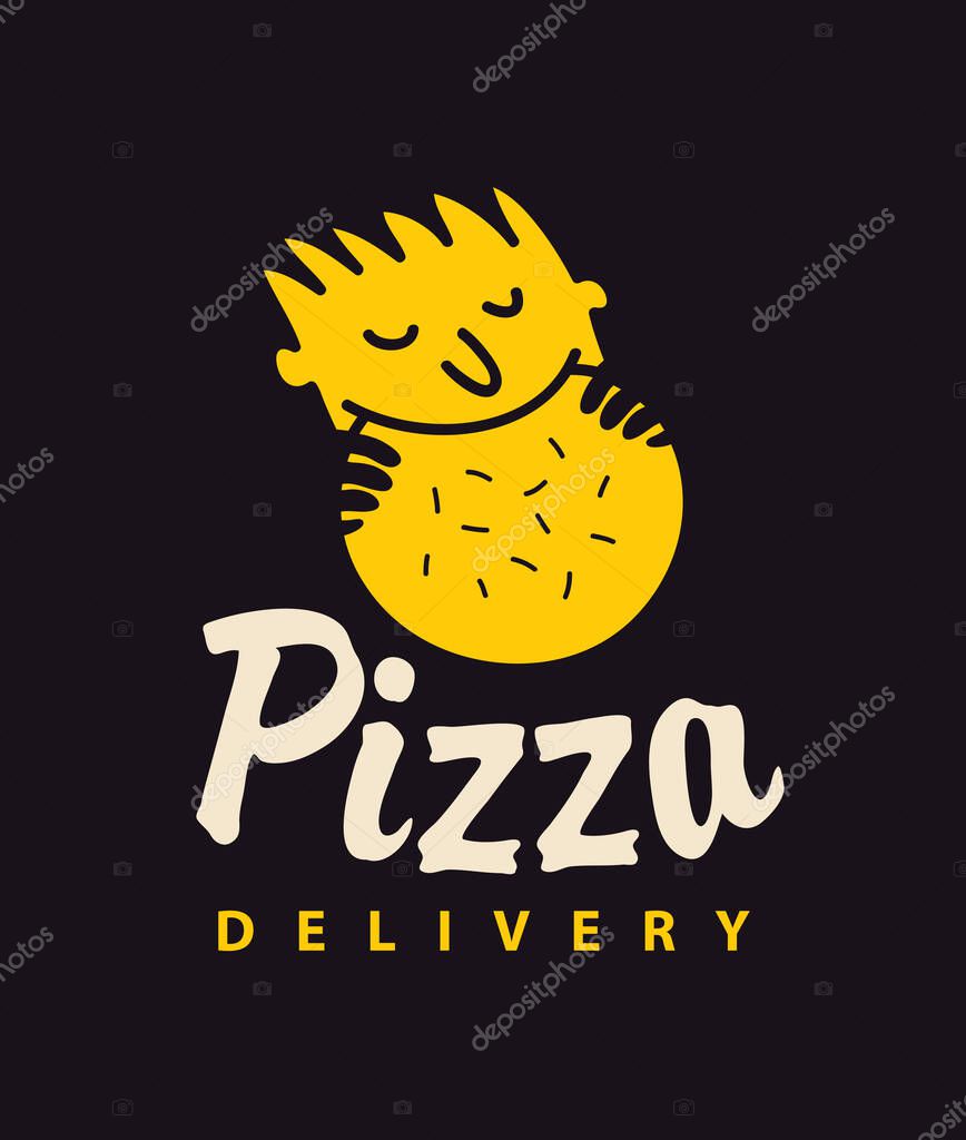 Vector banner, flyer or logo for a pizza restaurant with a small funny person who eats pizza and the inscription Pizza delivery. Decorative illustration for a pizzeria with an online ordering option