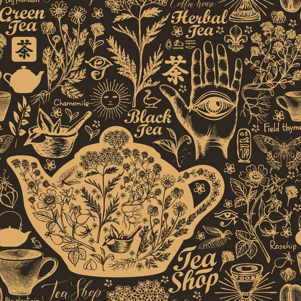 Çay Çay Dükkanının Eskizleriyle Ilgili Kusursuz Bir Şablon Yapımı Bitkilerle — Stok Vektör