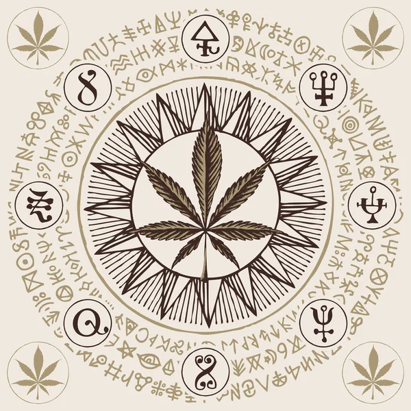 Векторное Знамя Легализации Марихуаны Листьями Конопли Эзотерическими Знаками Магическими Рунами — стоковый вектор
