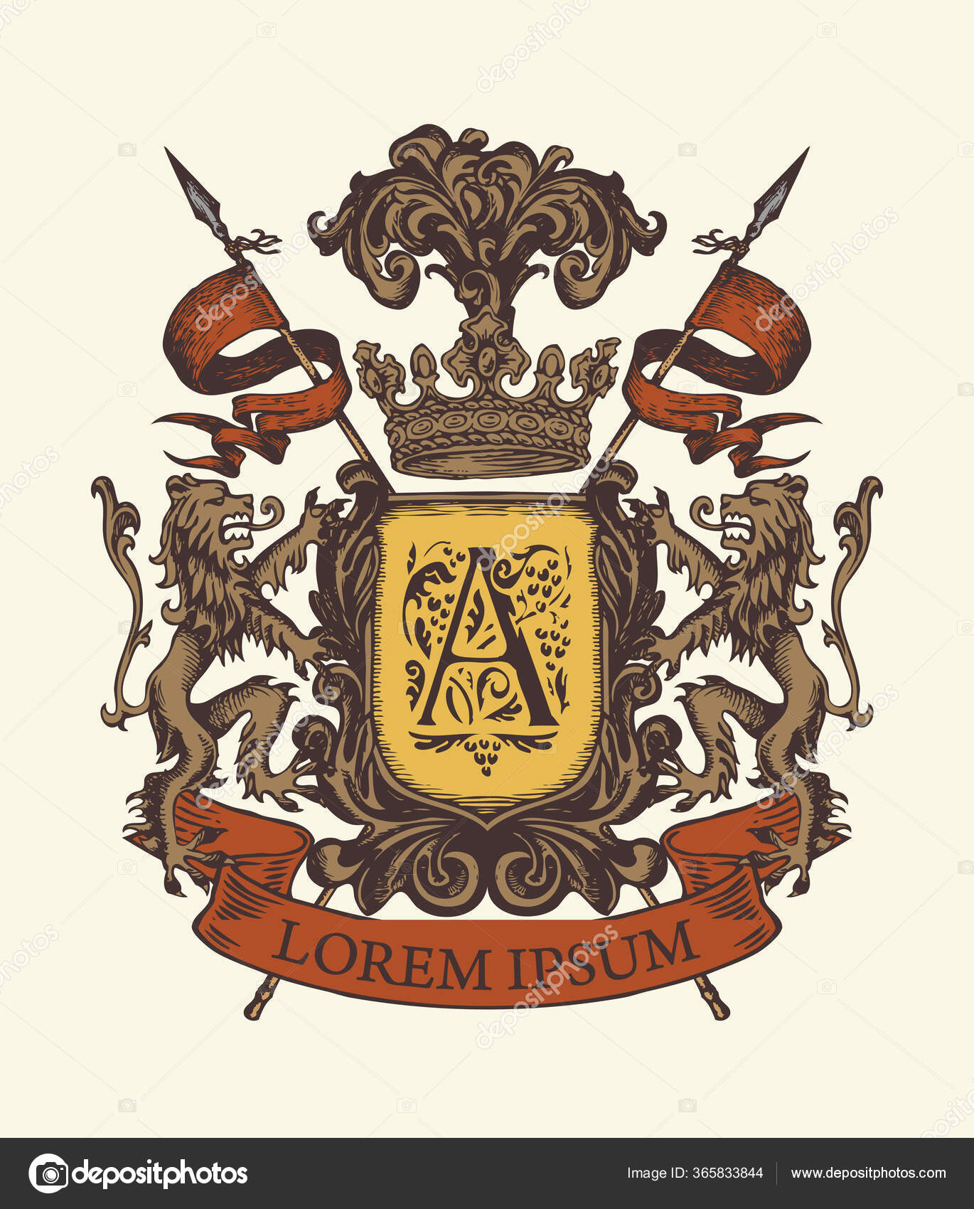 ライオン 騎士槍 リボン キャピタルレターとヴィンテージスタイルの腕のベクトル紋章A 中世の紋章 手描きイラスト ストックベクター ©paseven  365833844, image size:1370x1700