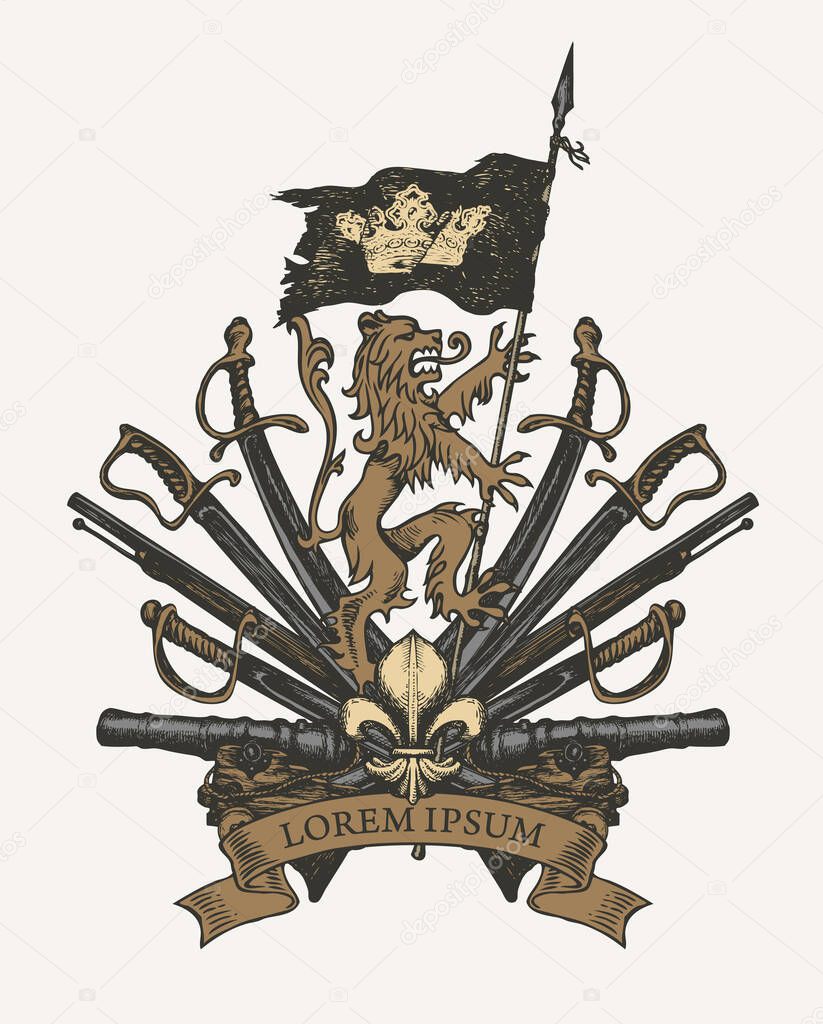 Vector heraldic Coat of arms in vintage style with lion, flag, crown, sabers, swords, cannons, fleur de lis and ribbon. A medieval heraldry, royal emblem, sign, symbol. Old hand-drawn illustration