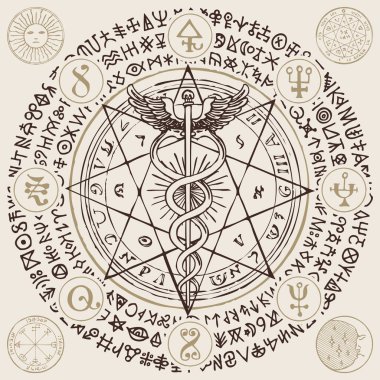 Sekizgen yıldızlı bir Caduceus 'un el çizimi illüstrasyonuyla vektör pankartı. Hermes 'in asası, kanatlı iki yılan, ezoterik işaretler ve daire şeklinde yazılmış sihirli yazılar. Tıbbi sembol