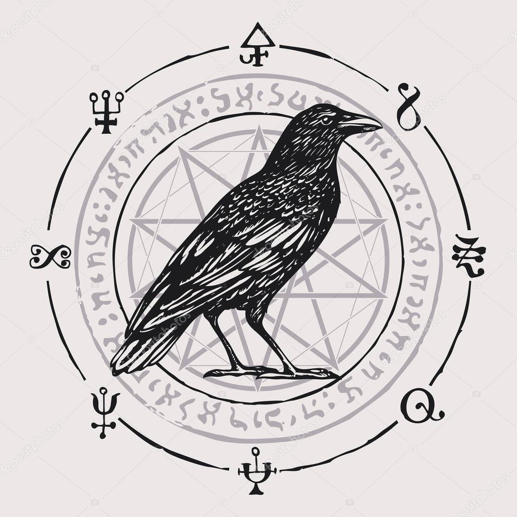 Vector illustration with a sorcery Crow or wise black Raven on the background of an octagonal star with magic runes and occult symbols. Hand-drawn banner on the witchcraft theme in vintage style