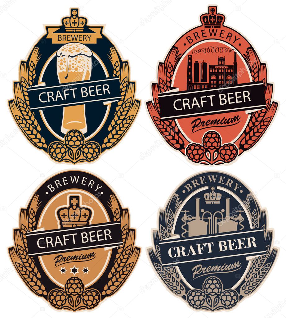 Set of four vector labels for craft beer of the private brewery in retro style in form of coat of arms. Labels with wheat or barley ears, hops and crown in oval frame