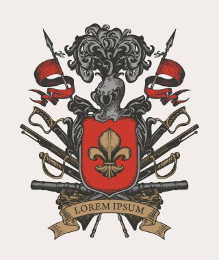 Şovalye kalkanı, miğfer, mızraklar, kılıçlar, toplar, kurdele ve fleur de lis ile klasik stil armalı vektör hanedan arması. Ortaçağ arması, amblem, işaret, sembol. El çizimi illüstrasyon