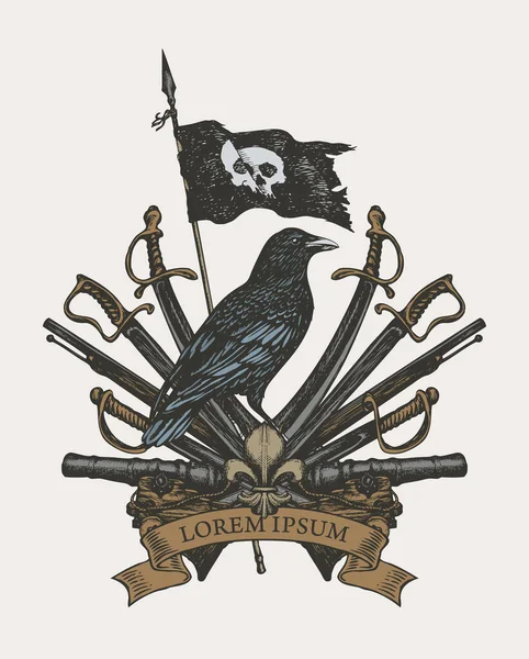 Blason Héraldique Vectoriel Style Vintage Avec Corbeau Noir Drapeau Pirate — Image vectorielle