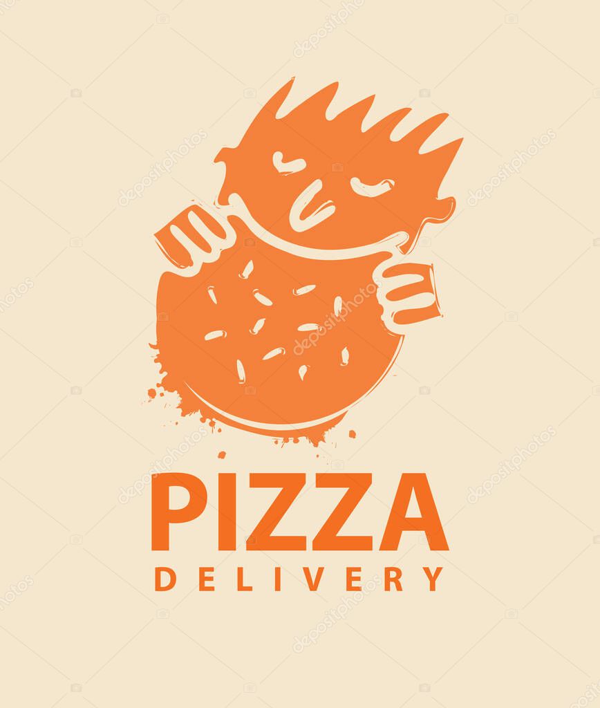 Vector banner or logo for a pizza restaurant with a small person who eats pizza and the inscription Pizza delivery. Decorative illustration in flat style for a pizzeria with an online ordering option