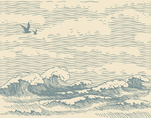 カモメや空の雲とレトロなスタイルでベクトル装飾の海 手描きの海や海のイラスト 古い紙の背景に水の波 輪郭線 — ストックベクタ