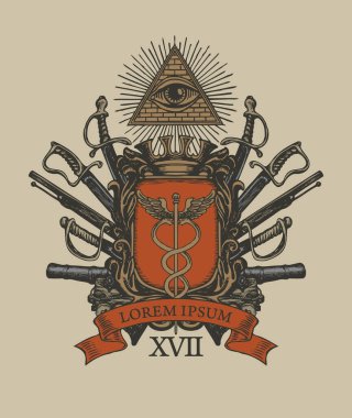 Şovalye kalkanında bir caduceus, her şeyi gören göz, taç, kılıç, kılıçlar, toplar ve kurdele. Masonik el yapımı resim, herallik, amblem, işaret, sembol.