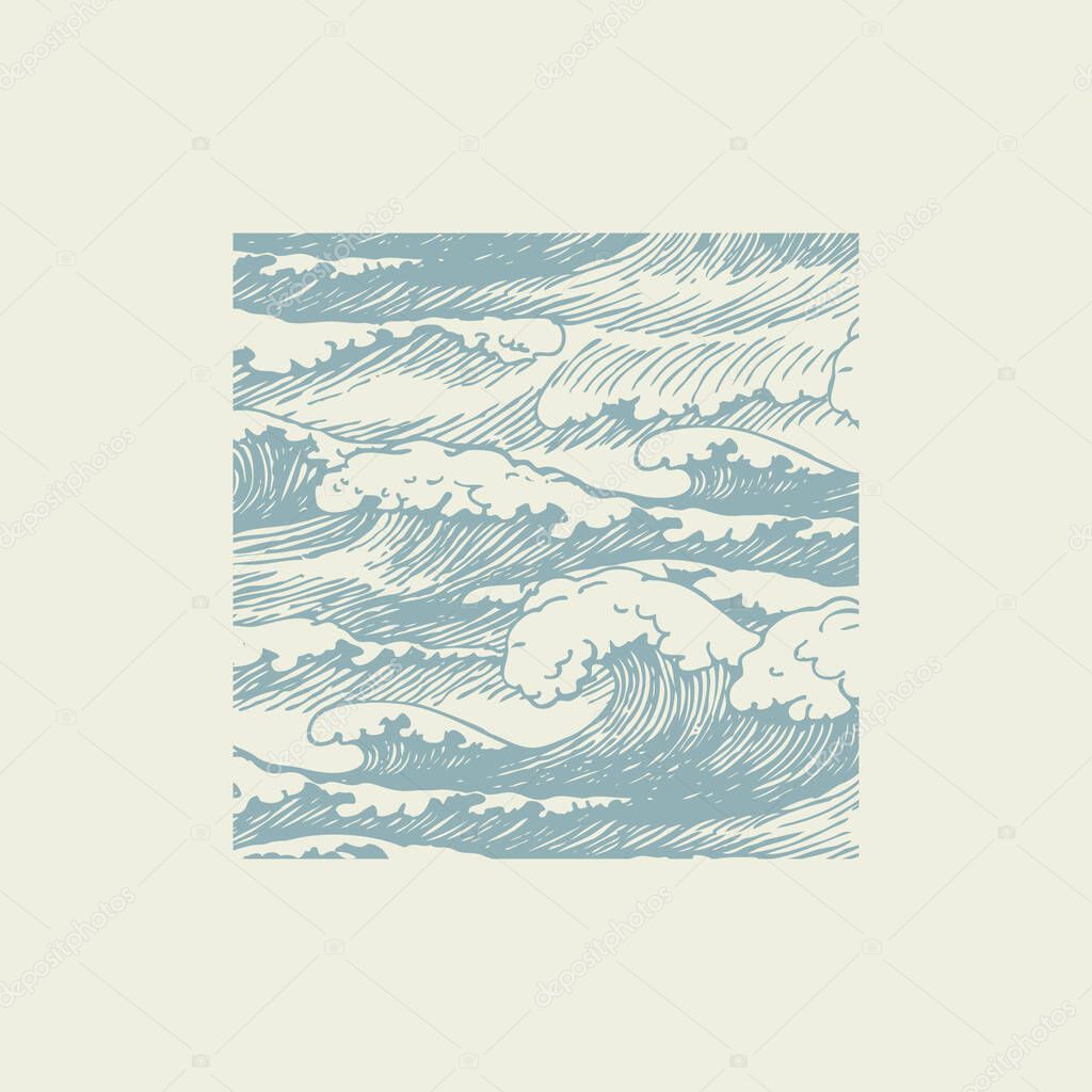 Vector banner with hand-drawn waves in retro style. Decorative illustration of the sea or ocean, stormy waves with breakers of sea foam