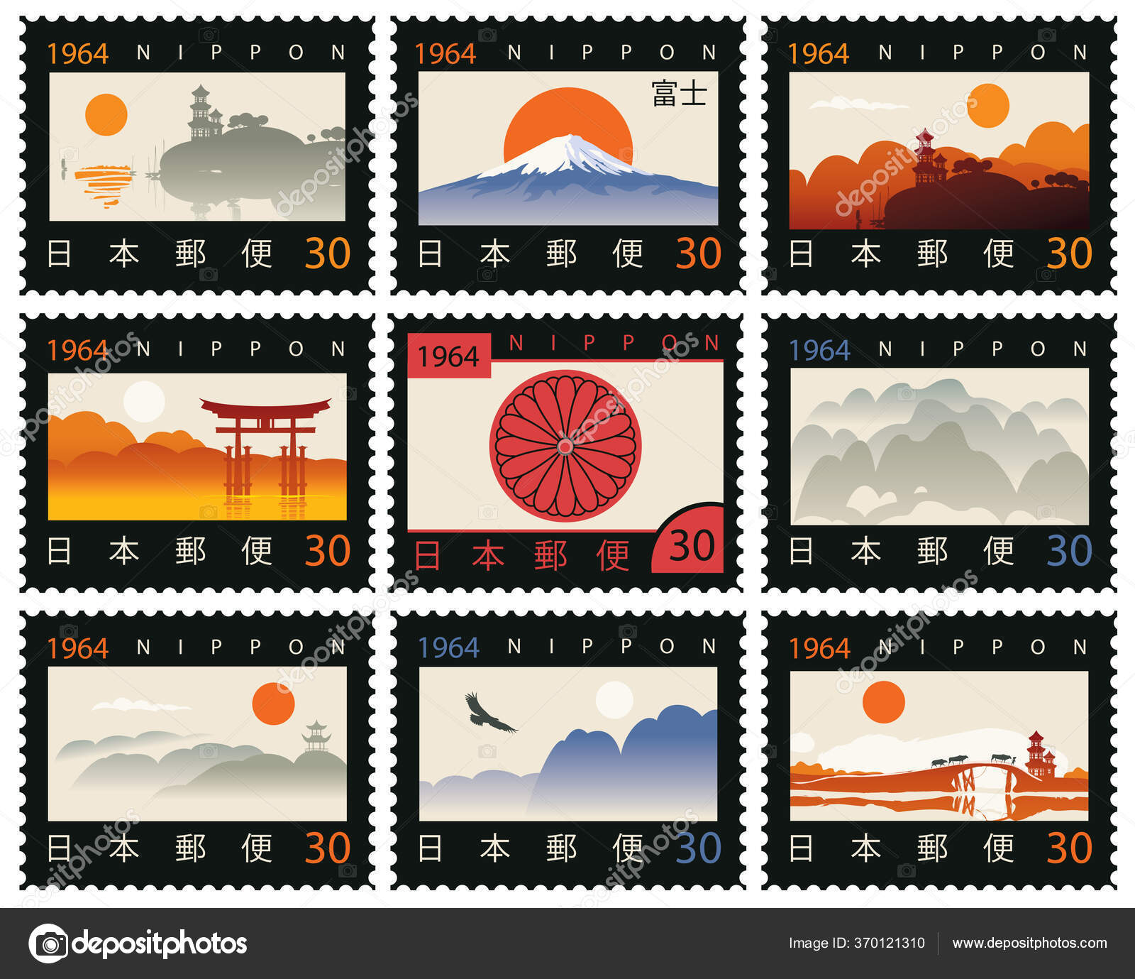 Set of vector postage stamps on the theme of Japanese culture in retro  style. Hieroglyph Japan Post, Sushi, Tea, Perfection, Happiness, Truth  Stock Vector