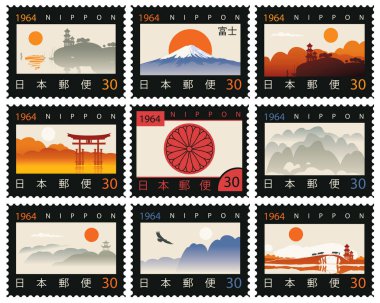 Japon kültürü temasında geçmişe dönük posta pulları seti. Japon hiyeroglifleriyle dekoratif Japon manzaraları