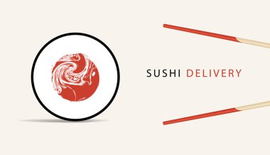 Suşi teslimatı temalı vektör pankartı. İnternetten sipariş seçeneği olan bir suşi barı reklamı. Japon mutfağı ve suşi satan bir web sitesi için dekoratif illüstrasyon