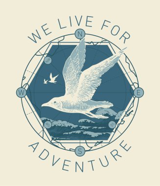 Macera için yaşadığımız sözlerle seyahat, macera ve keşif temasında geçmişe dönük pankart. El çizimi bir martı, deniz dalgaları ve eski bir harita.