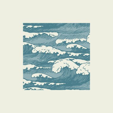 Retro tarzında el çizimi dalgalı vektör pankartı. Deniz ve okyanusun dekoratif çizimi, deniz köpüğü dalgalı mavi fırtına dalgaları.