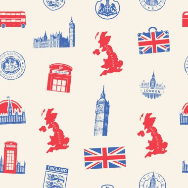İngiltere ve Londra 'da İngiliz sembolleri, mimari simgeler ve Büyük Britanya bayrağının retro tarzında işaretlendiği kusursuz bir şablon. Duvar kağıdı, ambalaj kağıdı, kumaş ve tekstil için uygun.