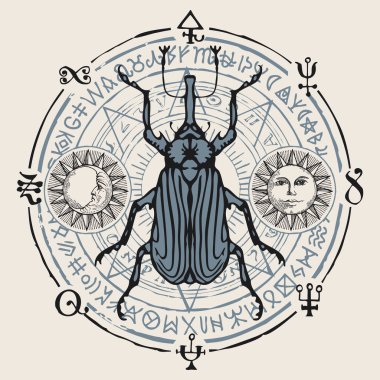 Üzerinde gri bir böcek, güneş ve ay olan dekoratif çizimler bir daire şeklinde yazılmış okunamaz karalamaların arka planında. Retro biçiminde el çizimi taşıyıcı pankart