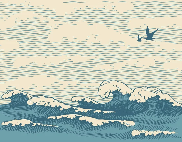 Paysage Marin Vectoriel Dessiné Main Dans Style Rétro Avec Vagues — Image vectorielle