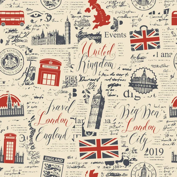 Vector Seamless Pattern London Theme Inscriptions British Symbols Landmarks Flag — Stock Vector