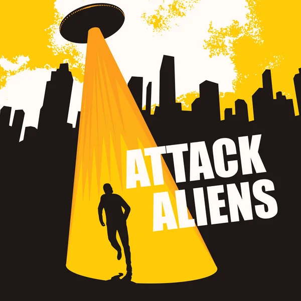 Vector Banner Theme Alien Attack Illustration Large Flying Saucer City — Stock Vector