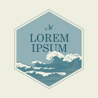 Altıgen şeklinde taşıyıcı pankart, el çizimi dalgalar, gökyüzünde martılar ve yazı için bir yer. Deniz veya okyanus fırtınalı dalgalarla retro stili dekoratif illüstrasyon