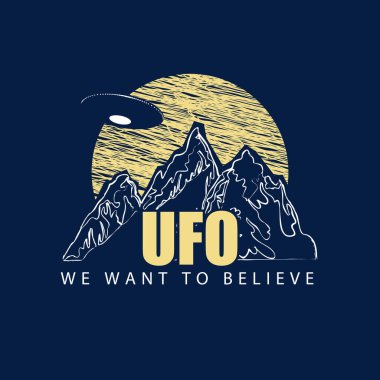Uzaylı istilası temalı taşıyıcı pankarta UFO yazdığına inanmak istiyoruz. Büyük sarı aya karşı dağların üzerinde uçan bir uçan daire ile süslü amblem.