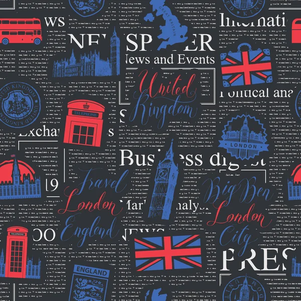 Vector Seamless Pattern London Theme Inscriptions British Symbols Landmarks Flag — Stock Vector