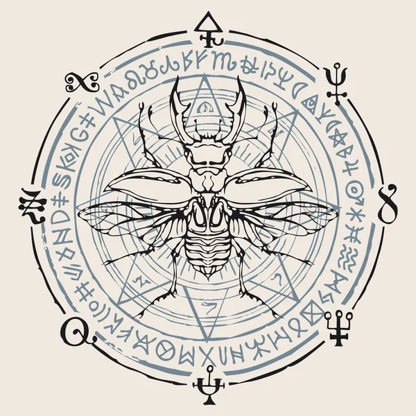 装饰图上有一只甲虫 背景上的字迹难以辨认 写在圆圈里 浅色背景的复古风格矢量手绘横幅 — 图库矢量图片