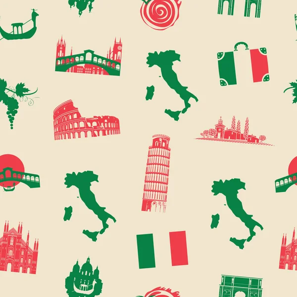 Vector Seamless Pattern Theme Italy Italian Symbols Architectural Landmarks Map — Stock Vector