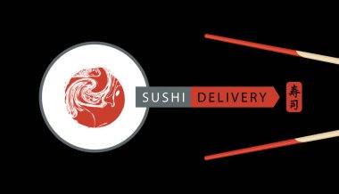 Süslü suşi ve çubuklu suşi temalı vektör pankartı. İnternet üzerinden sipariş seçeneğiyle veya Japon mutfağı satan bir web sitesiyle suşi barı reklamı yapmak