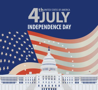 ABD 'nin bağımsızlık günü temasında vektör bayrağı veya tebrik kartı. Washington DC 'deki Kongre Binası' nın tasviri ve Amerikan bayrağının arka planında 4 Temmuz Bağımsızlık Günü yazıyor.