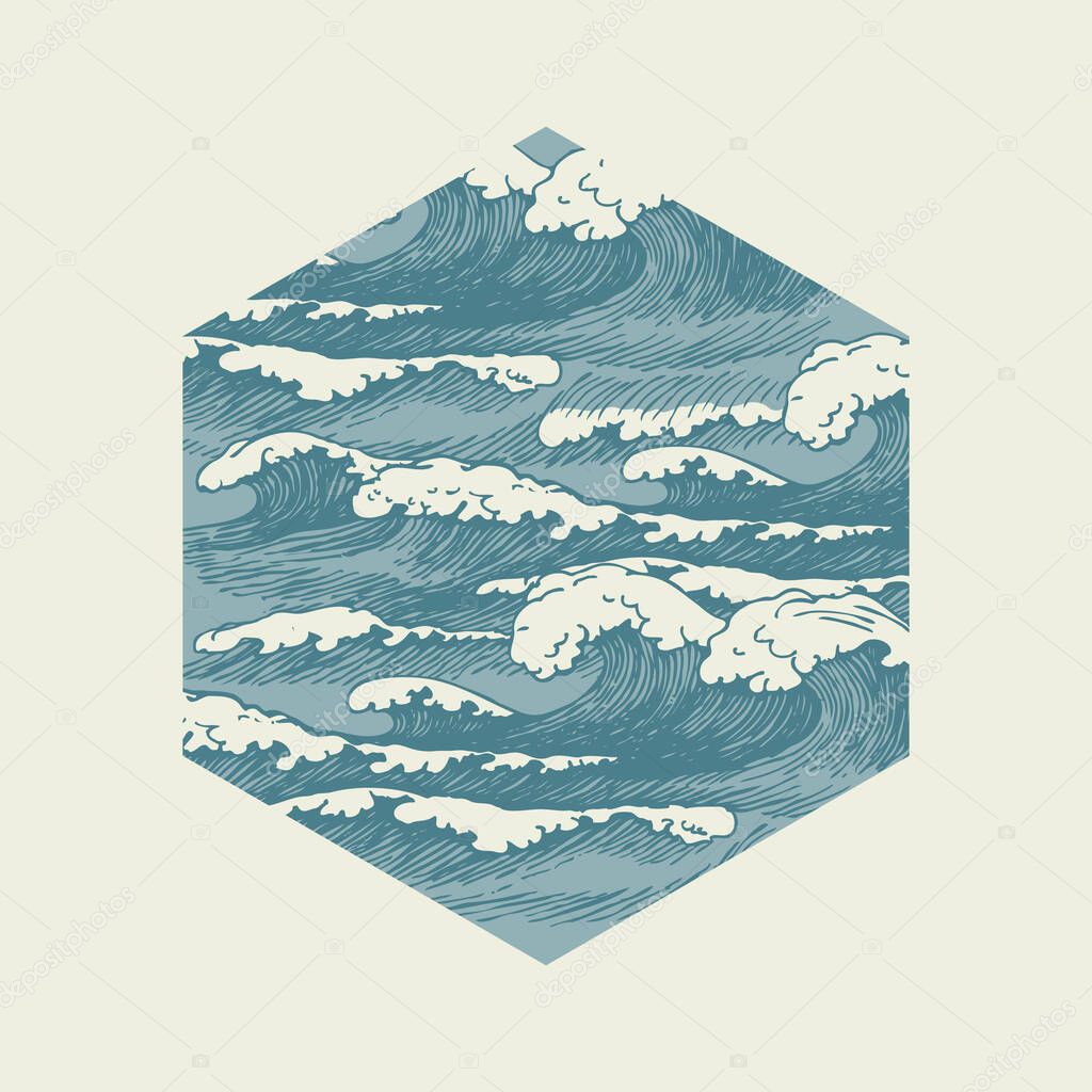Vector banner of hexagonal shape in retro style with hand-drawn waves. Decorative illustration of the sea or ocean, blue stormy waves with white breakers of sea foam