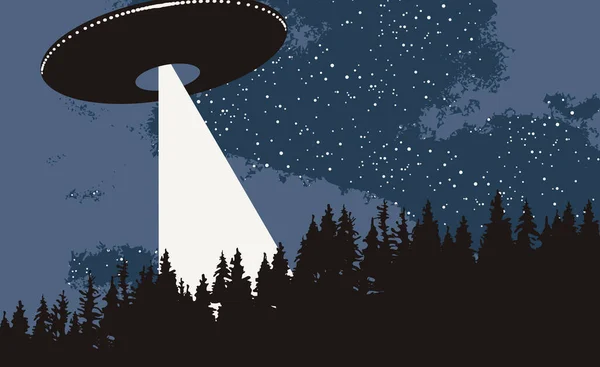 Uzaylı Istilası Temalı Vektör Pankartı Ormanın Üzerinde Uçan Bir Ufo — Stok Vektör