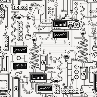 Petrol arıtma endüstrisi temasında kusursuz bir model. Çeşitli endüstriyel ekipman, cihazlar, sensörler, cihazlar, mekanizmalar, borular ile tekrar eden siyah beyaz arkaplan