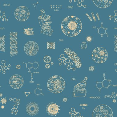 Biyoloji, tıp, genetik, kimya temalı kusursuz bir model. Bakteri hücreleri ve mikroskoplarla dekoratif çizimler. Duvar kağıdı, ambalaj kağıdı, kumaş için uygun.