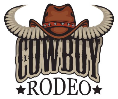Cowboy Rodeo gösterisi için retro tarzında vektör pankartı ya da amblem. Boğa boynuzlu ve harfli kovboy şapkası. Poster, logo, simge, rozet, broşür, davetiye, dövme, tişört tasarımı için uygun