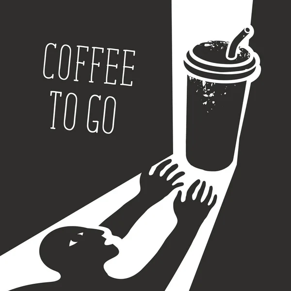 以咖啡为主题的矢量横幅上写着 咖啡去 一个富有创意的黑白插图 用一次性的咖啡杯把一个真正想要咖啡的人带走 — 图库矢量图片